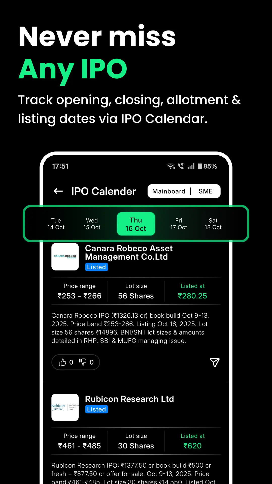 IPOX IPO Calendar screen showing Canara Robeco Asset Management and Rubicon Research listings with dates from 14 to 18 October