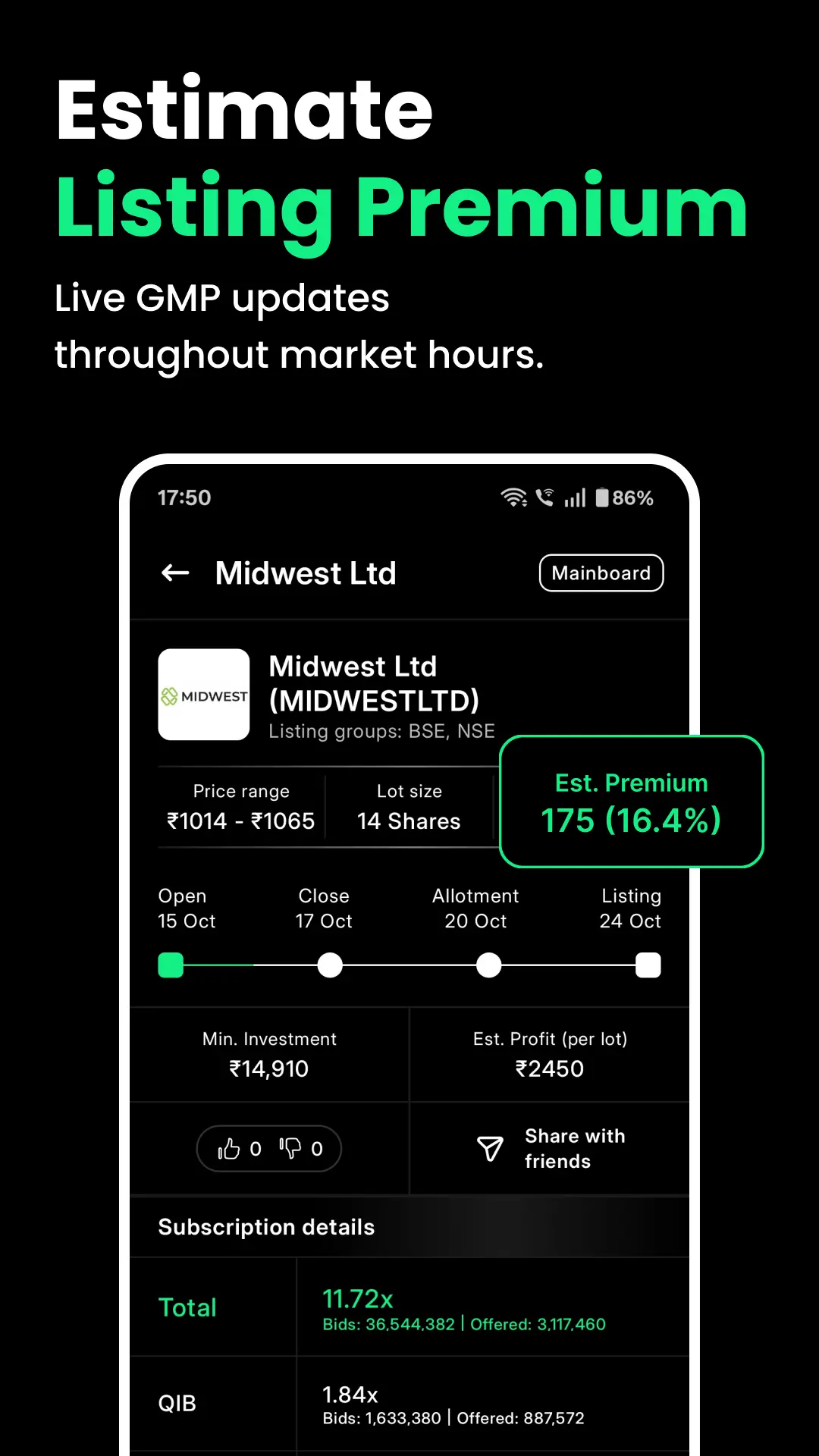 IPOX screen promoting live GMP updates throughout market hours for estimating listing premium